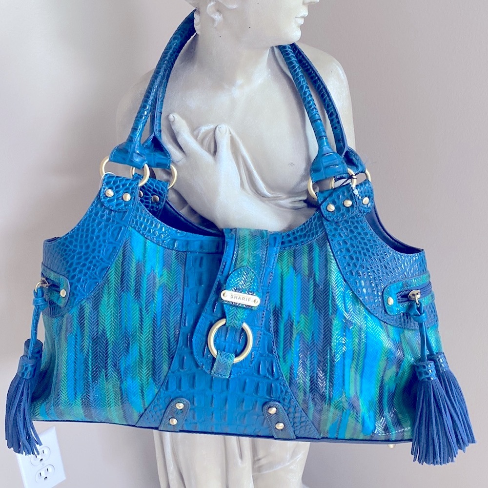 Sharif Green-Blue Croc Style Leather Tassel Satchel Handbag W/Matching Wristlet - Picture 2 of 9